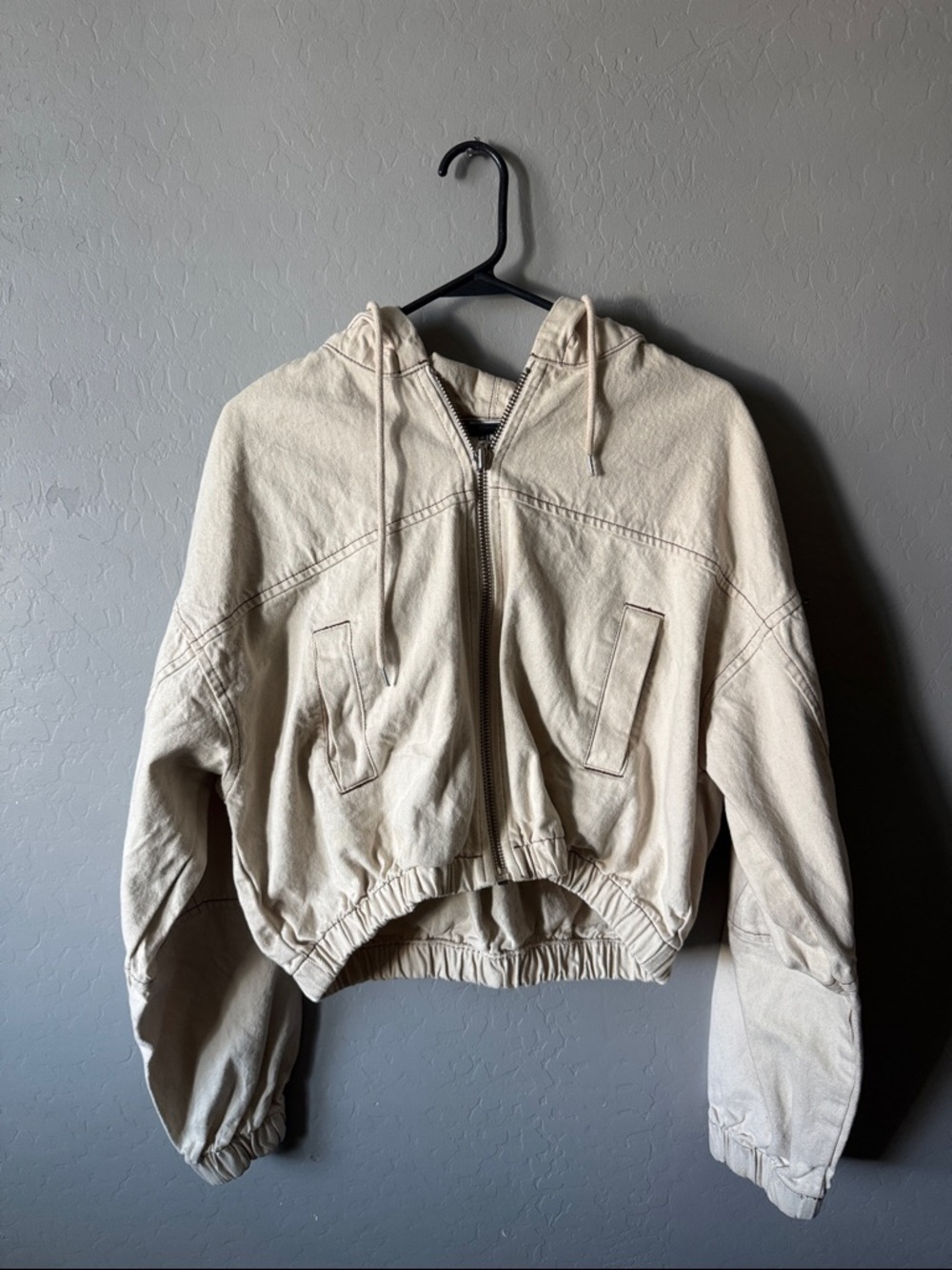 BDG Cream Hooded Cropped Jean Jacket